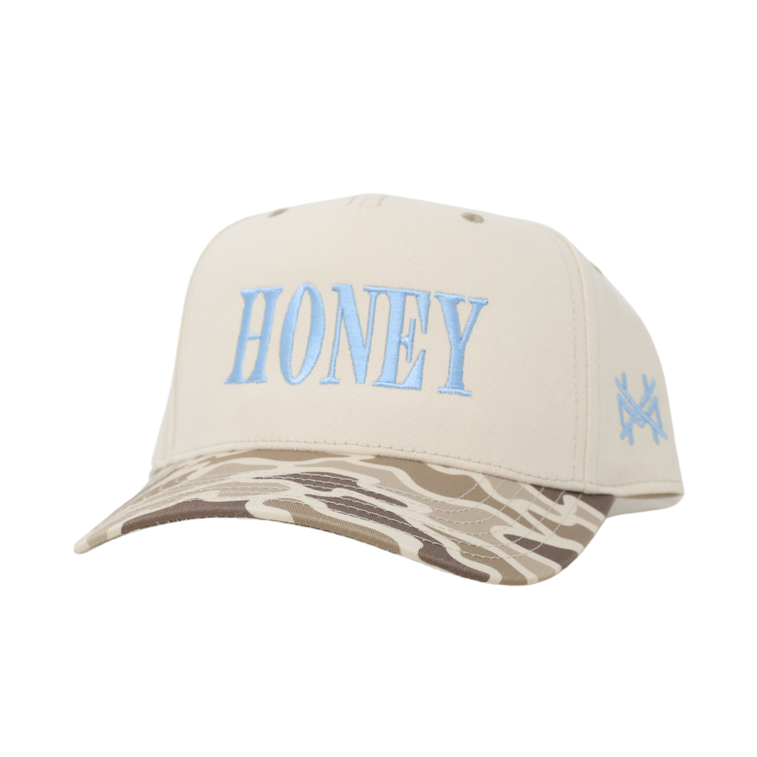 Honey Trucker Hat: Retro Field Camo/Natural (Blue Thread)