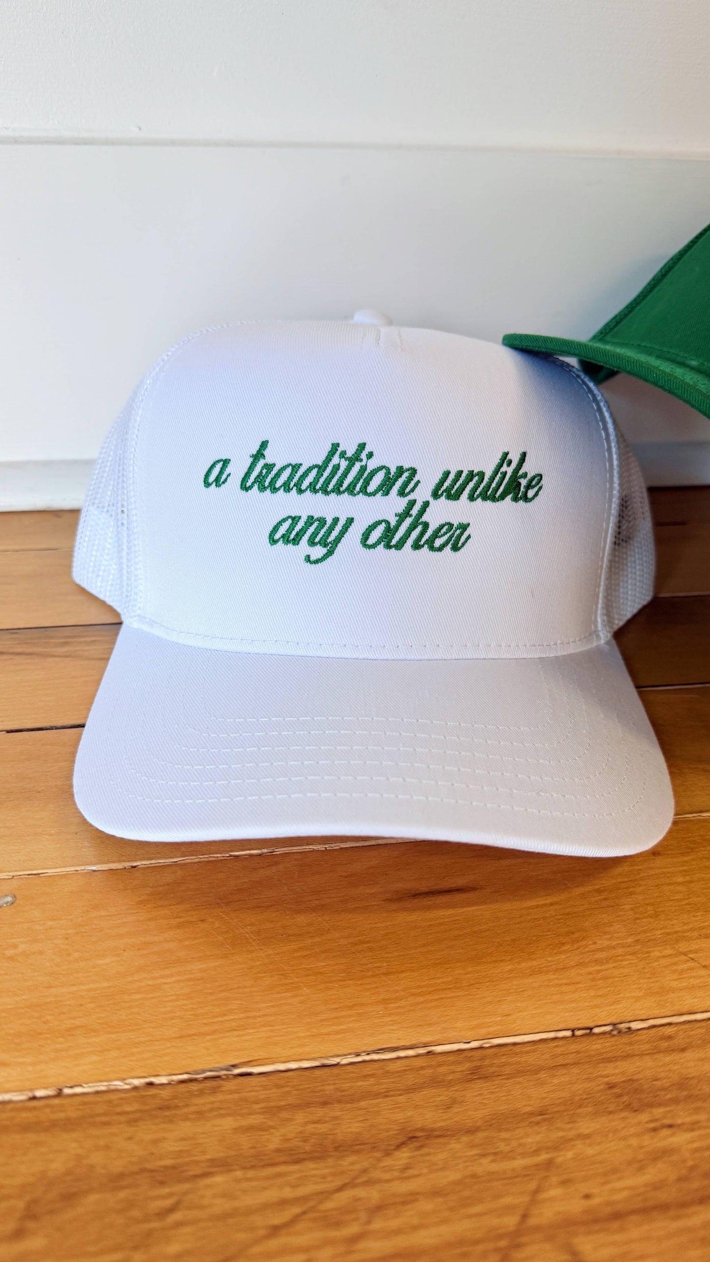 A Tradition Unlike Any Other Masters Embroidered Canvas + Mesh Hat: White hat | kelly green thread