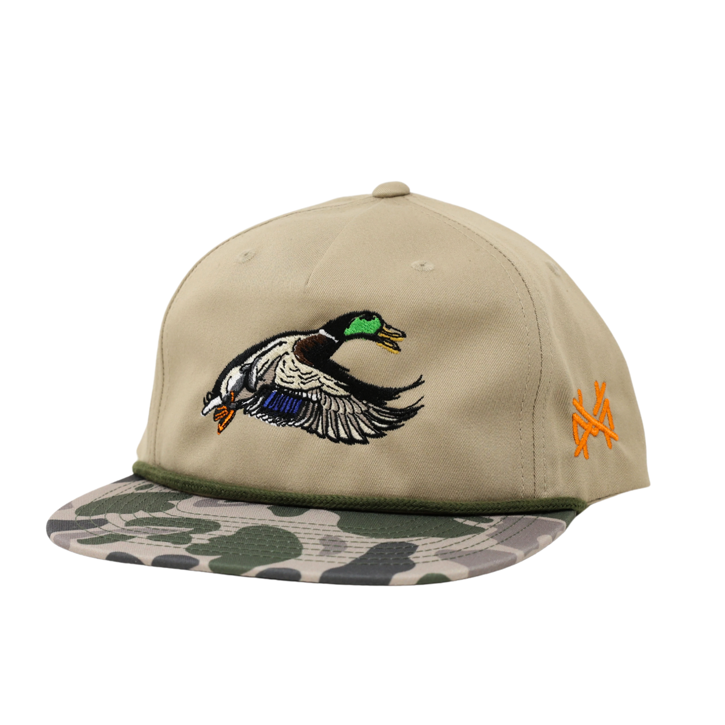 Mallard Trucker Hat: 7 panel harvest camo/natural