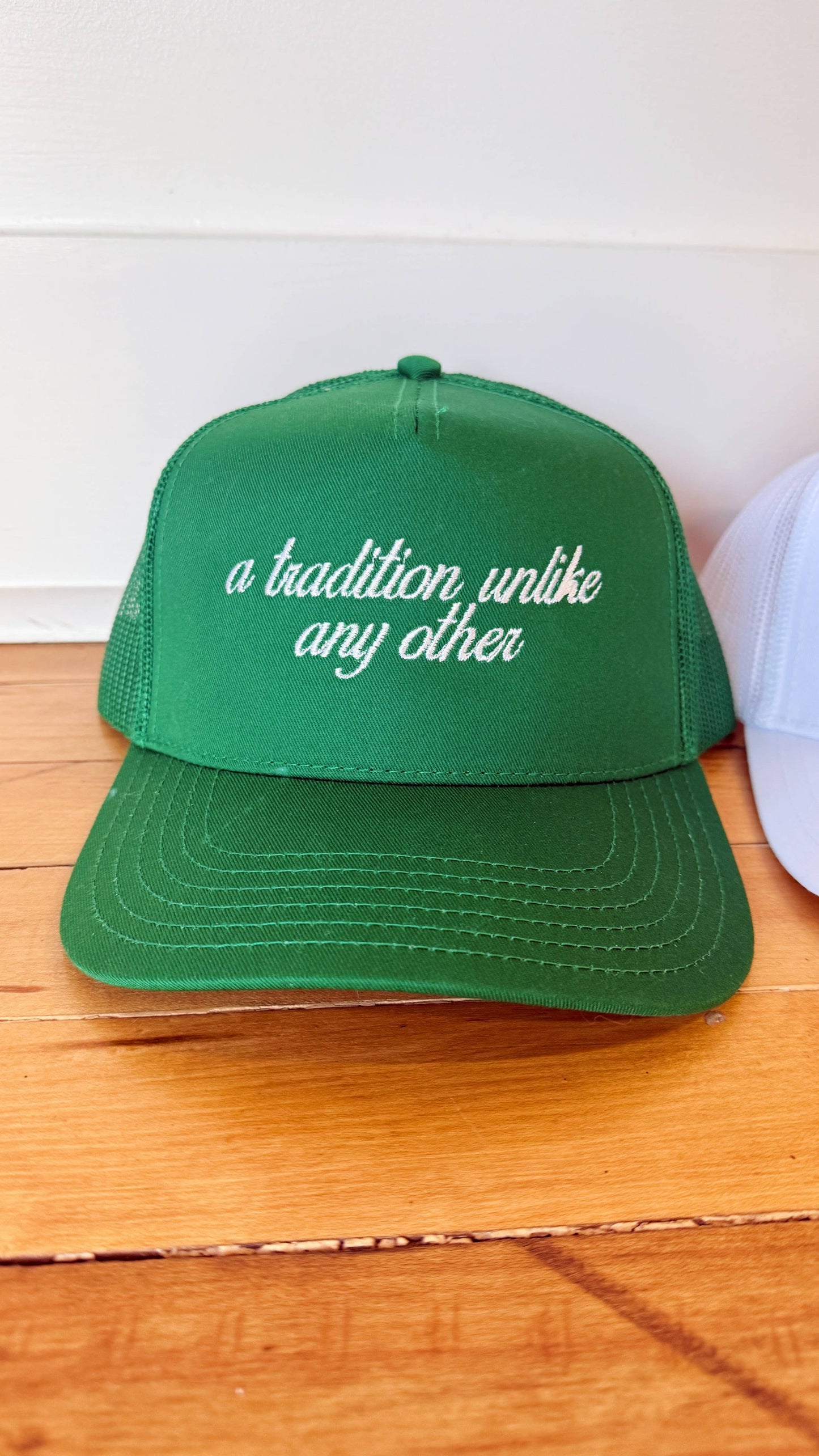 A Tradition Unlike Any Other Masters Embroidered Canvas + Mesh Hat: White hat | kelly green thread