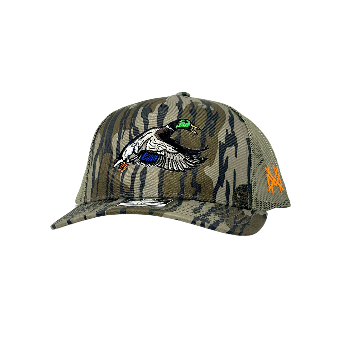 Mallard Trucker Hat: 7 panel harvest camo/natural