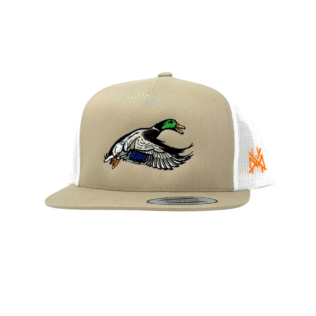 Mallard Trucker Hat: 7 panel harvest camo/natural