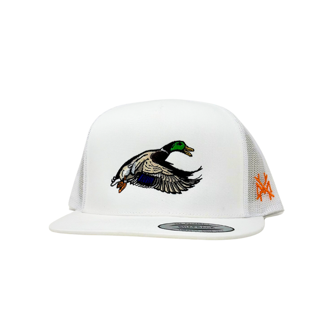 Mallard Trucker Hat: 7 panel harvest camo/natural