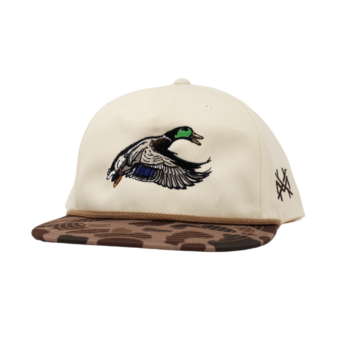 Mallard Trucker Hat: 7 panel harvest camo/natural