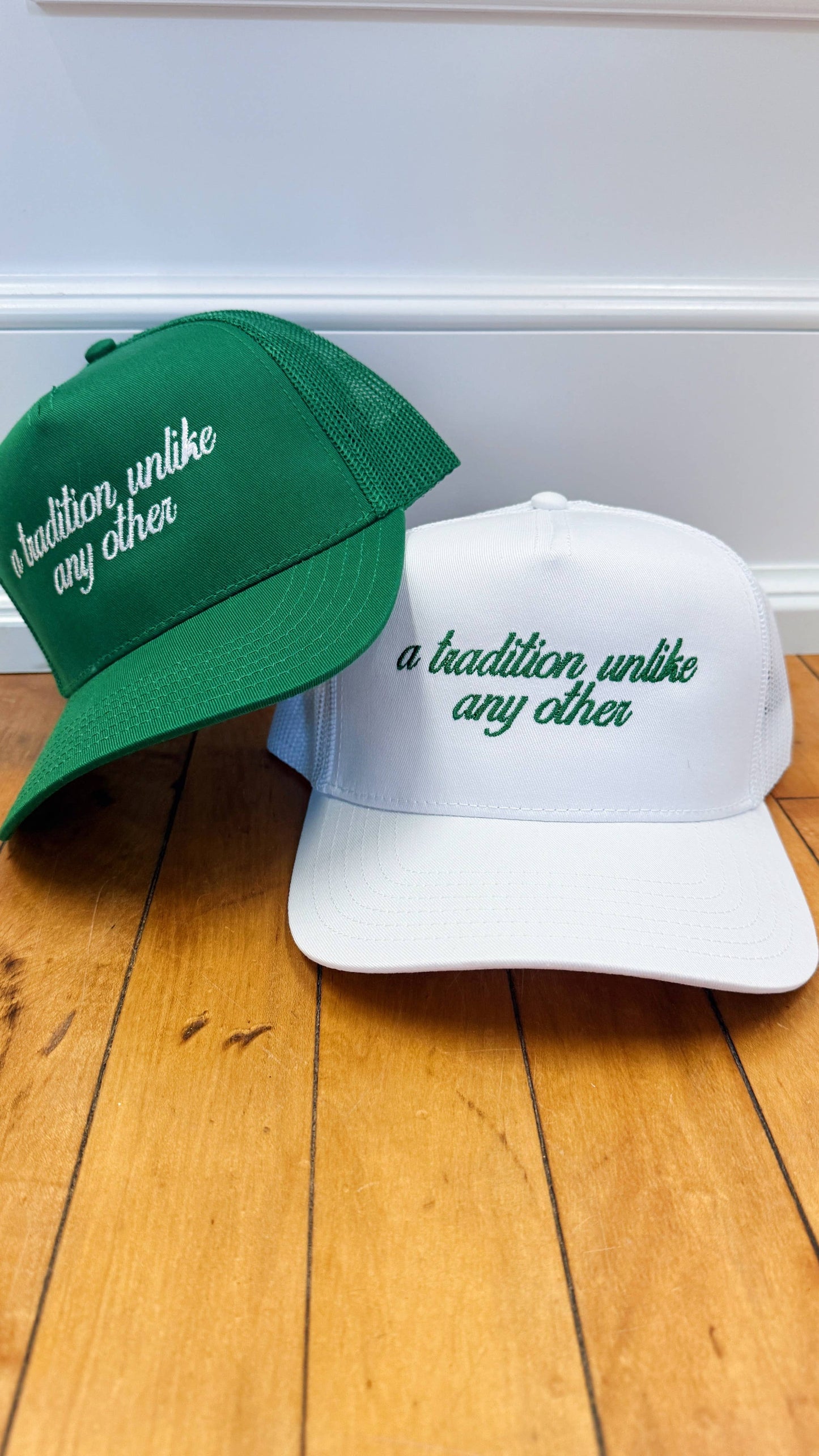A Tradition Unlike Any Other Masters Embroidered Canvas + Mesh Hat: White hat | kelly green thread