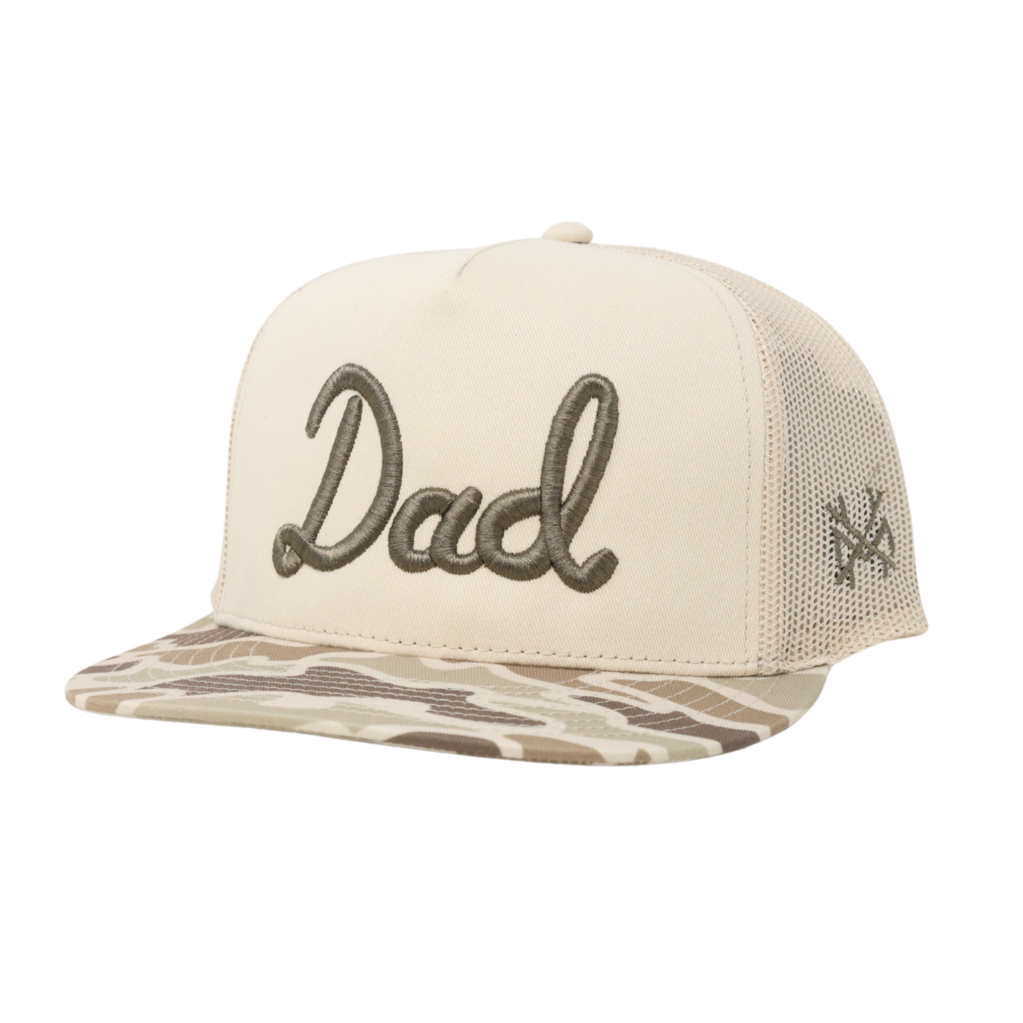 Dad Trucker Hat: Flat Bill Field Camo/Natural