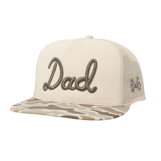 Dad Trucker Hat: Flat Bill Field Camo/Natural