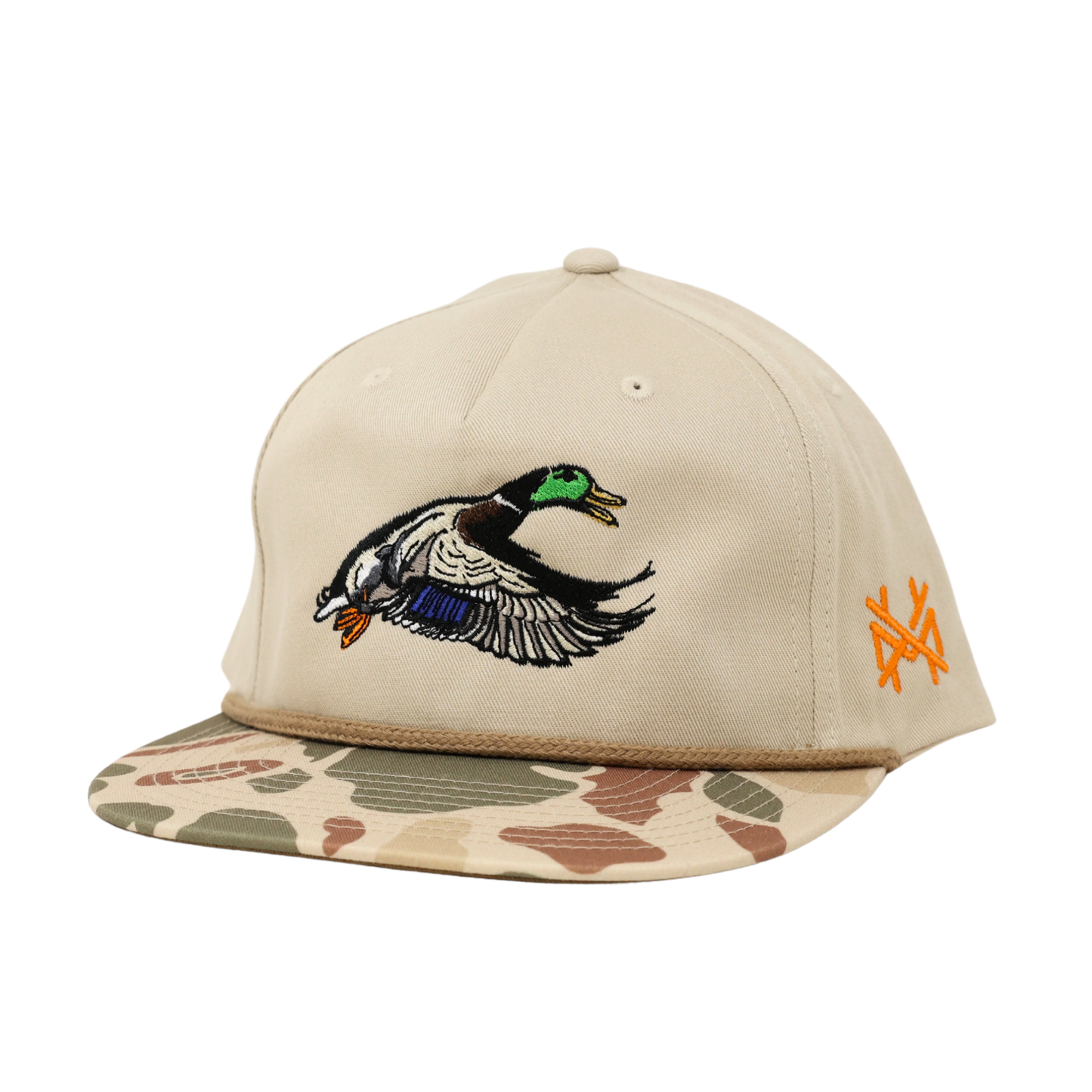 Mallard Trucker Hat: 7 panel harvest camo/natural