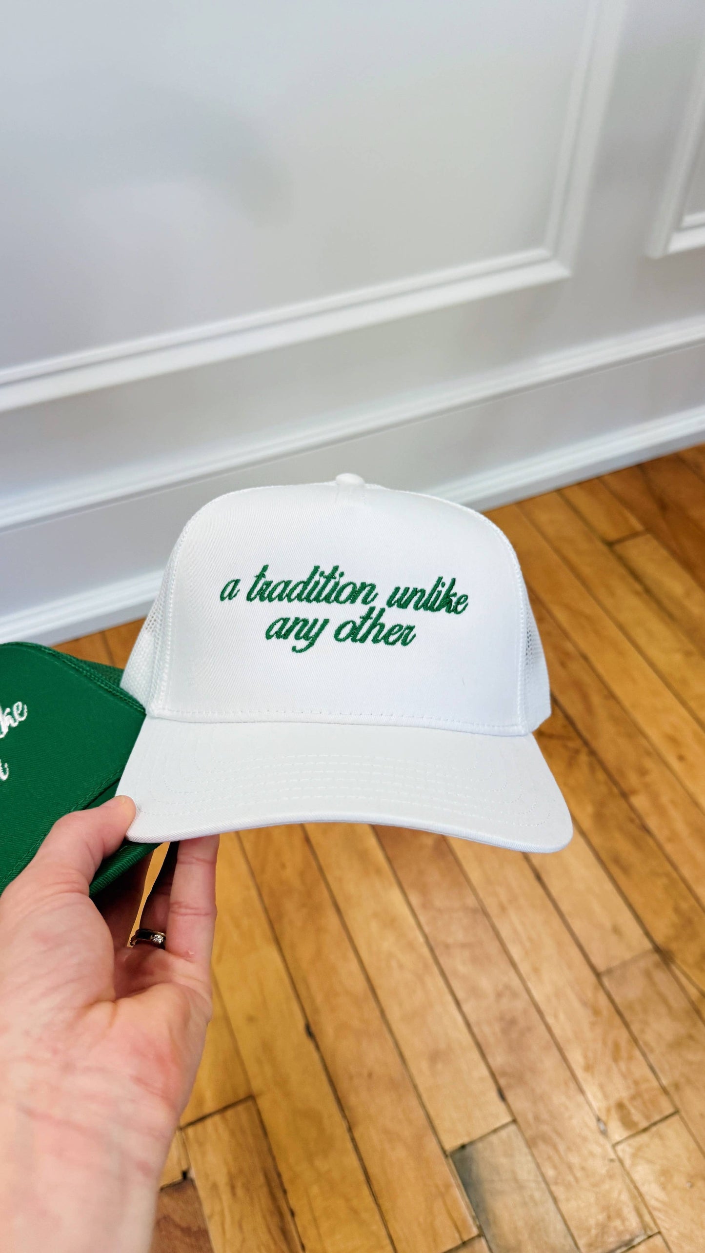 A Tradition Unlike Any Other Masters Embroidered Canvas + Mesh Hat: White hat | kelly green thread