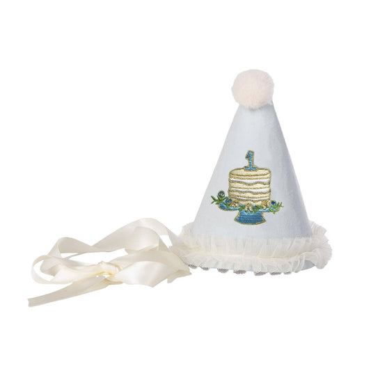 ONE Party Hat with Birthday Cake Embroidery - Blue