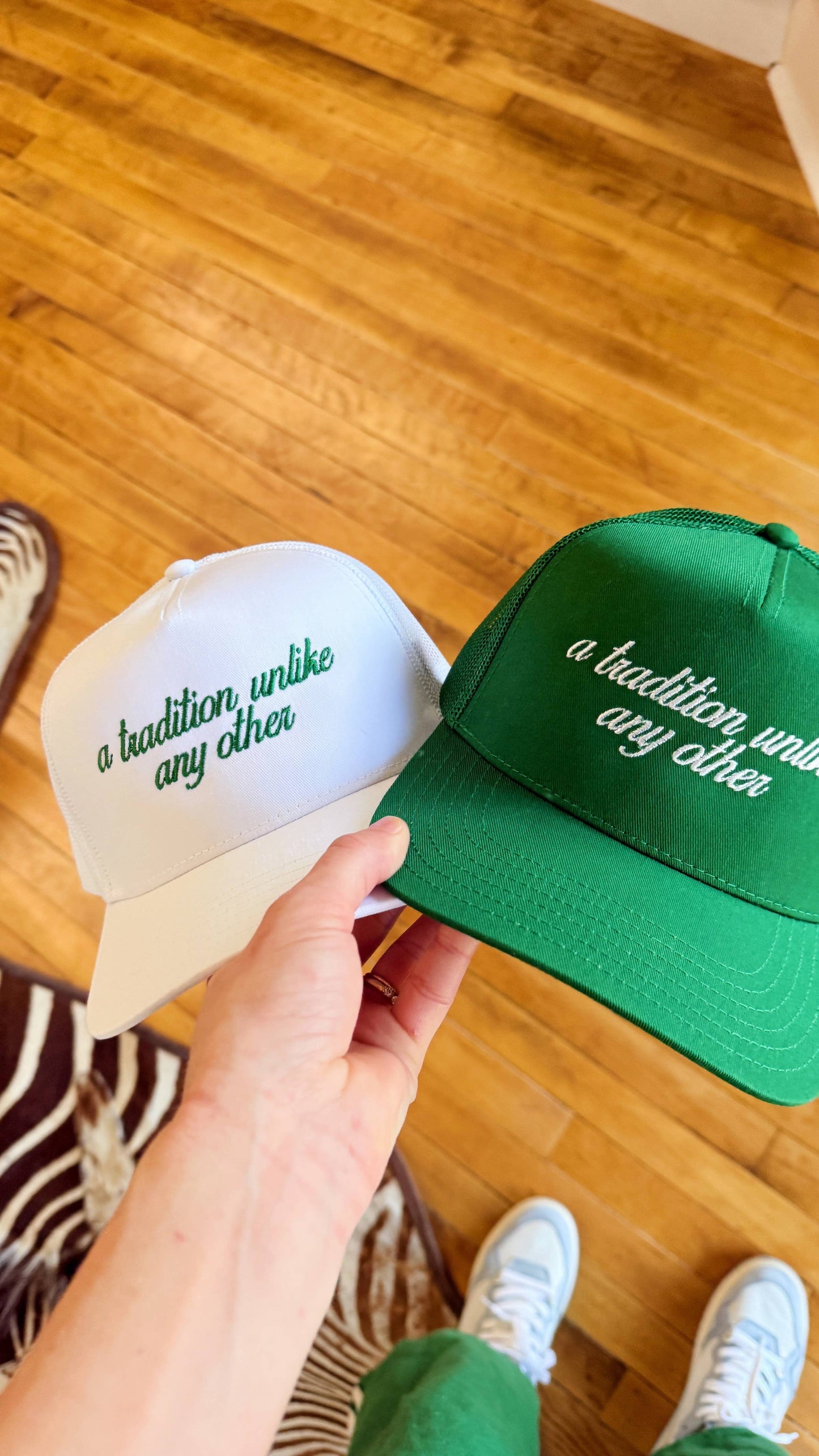 A Tradition Unlike Any Other Masters Embroidered Canvas + Mesh Hat: White hat | kelly green thread