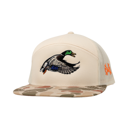 Mallard Trucker Hat: 7 panel harvest camo/natural